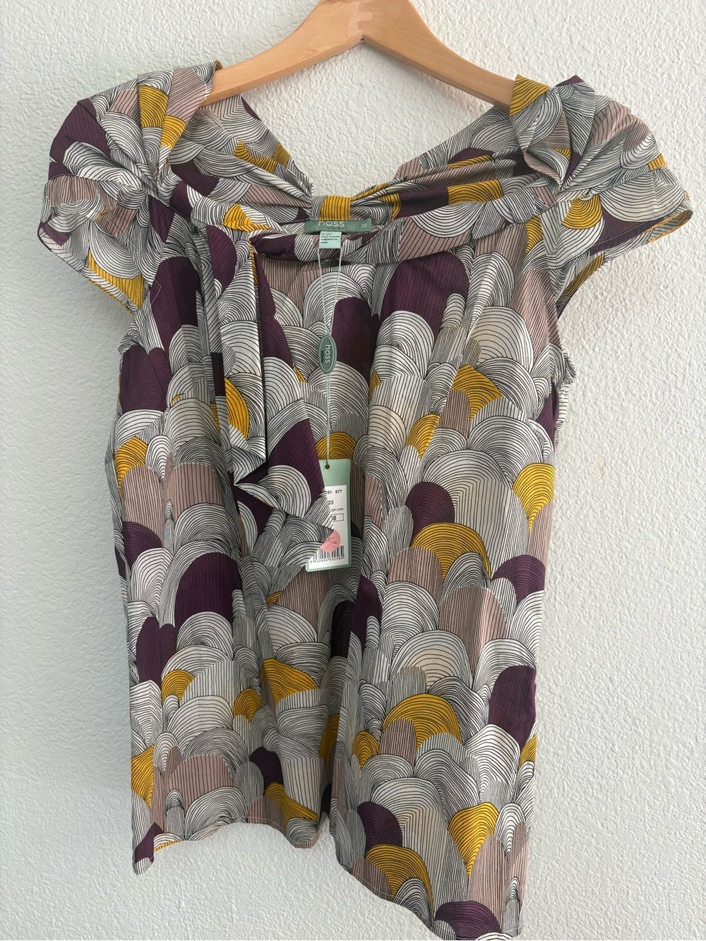 Tie-Neck Cap Sleeve Blouse in Plum, Mustard & Gray